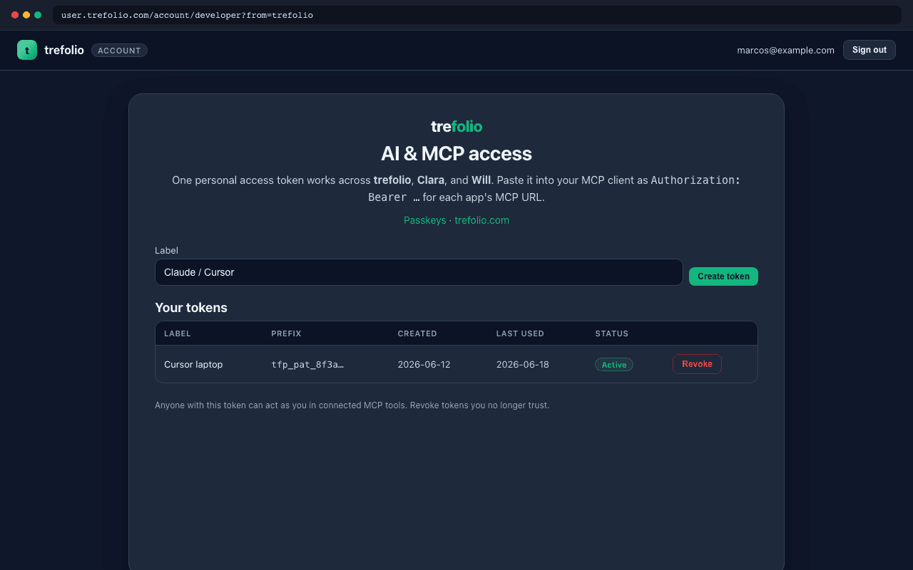 trefolio Profile Developer · MCP tab with token manager