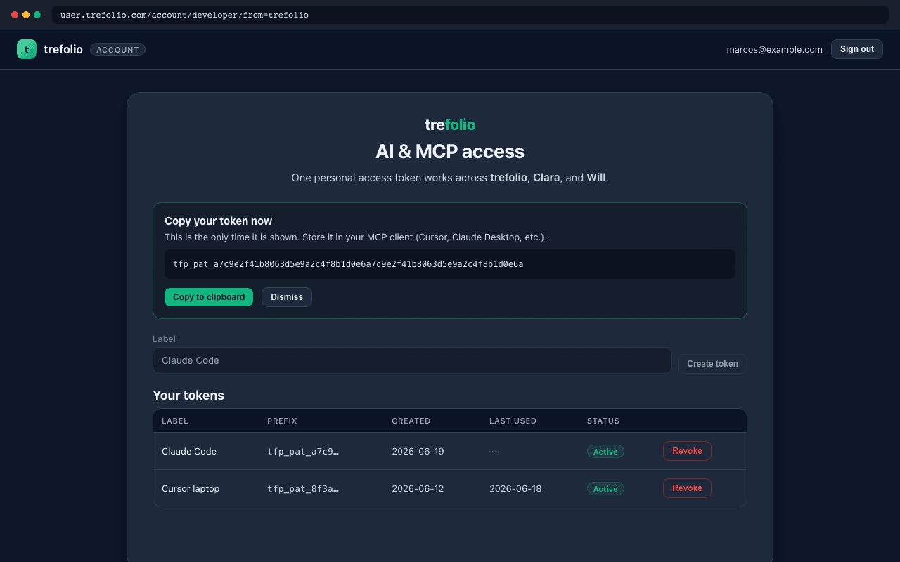 Generate MCP personal access token dialog