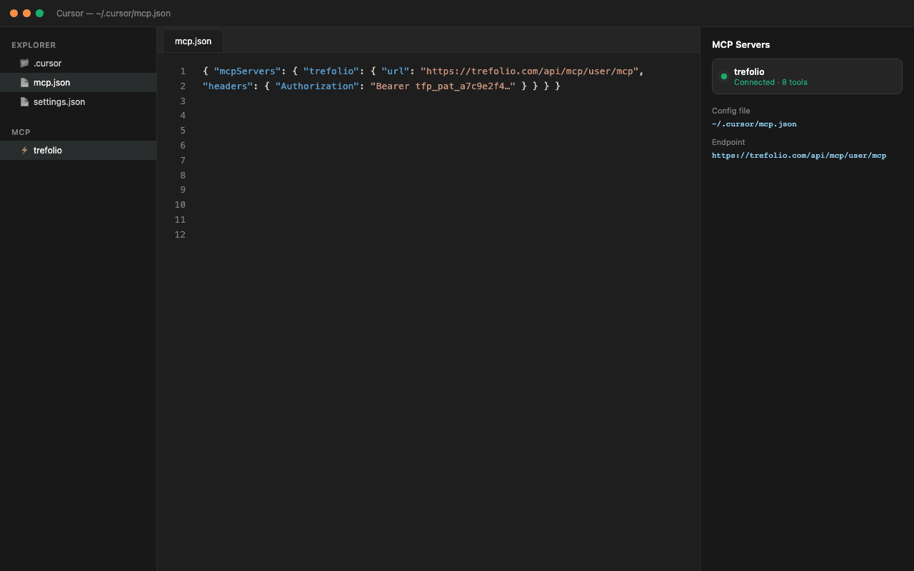 Cursor MCP settings with trefolio server configured