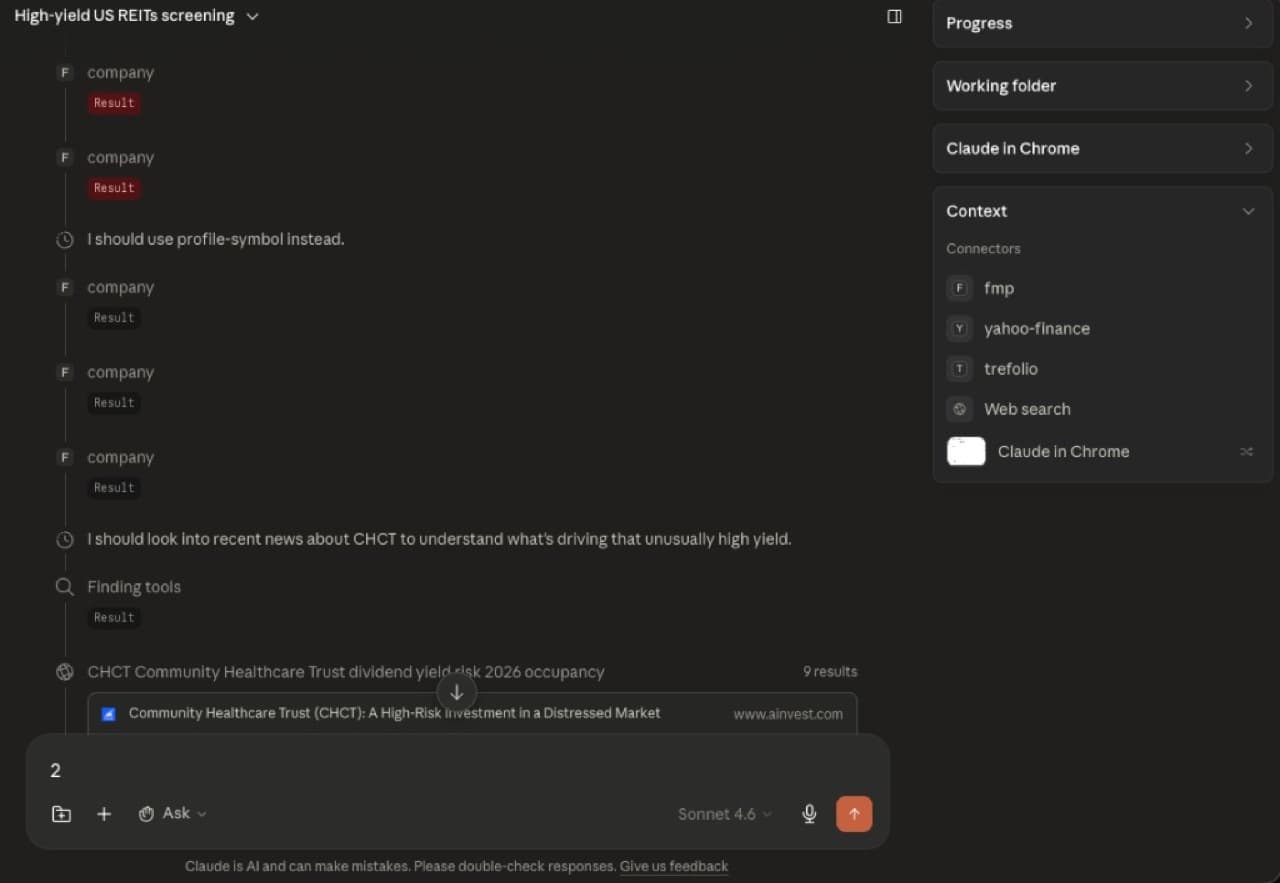 Claude extended thinking screening REITs with fmp, yahoo-finance and trefolio tool results